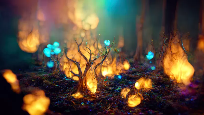 Enchanted forest wallpaper, Fire and blue glow, Midjourney AI