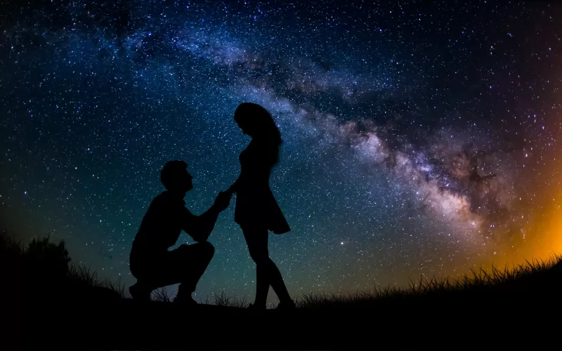 Couple, Lovers, Proposal, Silhouette, Starry sky, Romantic, Engagement