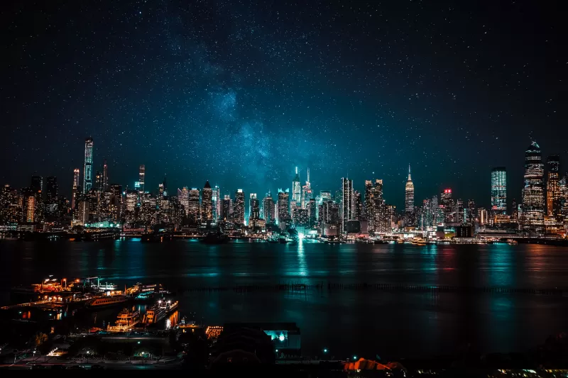 New York skyline, Starry night, City lights, 5K wallpaper