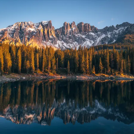 Dolomites, Karersee Lake, Lago di Carezza, Alpine lake, Peaceful, Italy, 5K, 8K background