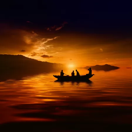 Sunset, People, Boat, Silhouette, Dusk, 5K, 8K