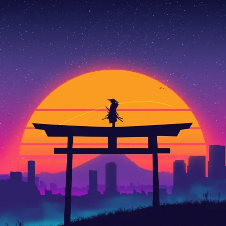 Samurai Torii gate, Japanese, 5K, Sunset, Vaporwave, Digital art, Synthwave