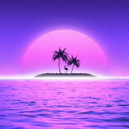 Sunset Synthwave, RetroWave art, Vaporwave, Flamingo, Palm trees, Island, Tropical, 5K