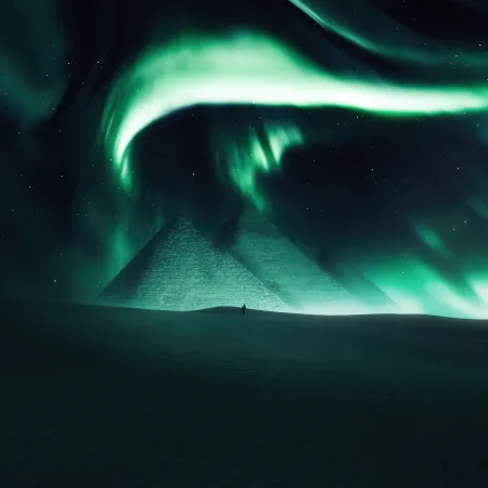 Egyptian Pyramids 5K wallpaper, Aurora sky, Dreamy, Northern Lights, Surreal, Desert, Dunes