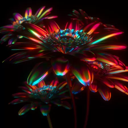 3D, Neon, Flower, CGI, Cyberpunk, Black background, Glowing