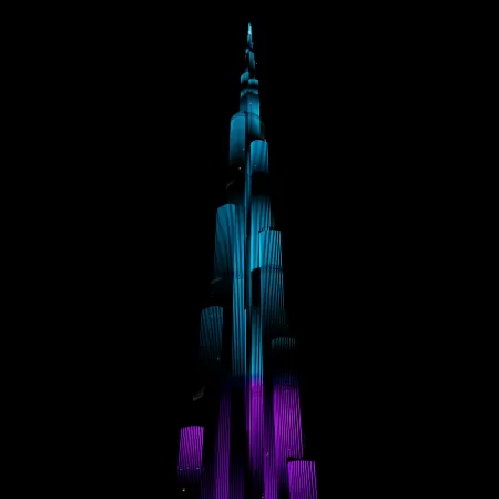 Burj Khalifa, Night illumination, Night lights, Light show, Dark background, 5K, 8K, AMOLED