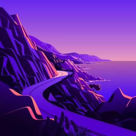 Coastline, Mountain pass, Road, Twilight, Sunset, Scenery, Illustration, macOS Big Sur, iOS 14, Stock, Aesthetic, 5K