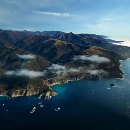 Coastline, Aerial view, Above clouds, Seascape, Mountains, macOS Big Sur, Stock, 5K