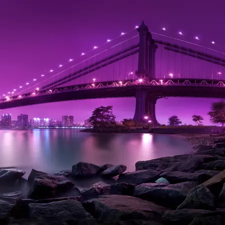 Manhattan Bridge, New York City, United States, Purple sky, Body of Water, River, Suspension bridge, Landscape, Famous Place, Tourist attraction, Rocks, Long exposure, City lights, Cityscape, Aesthetic, 5K, 8K