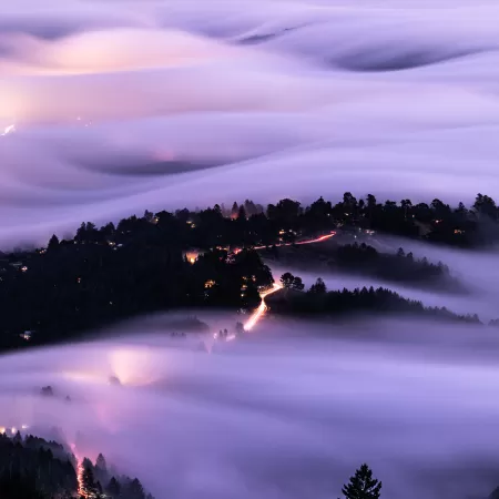 Mount Tamalpais, Mountain Peak, California, USA, Aerial view, Fog, Long exposure, Landscape, Light trails, 5K