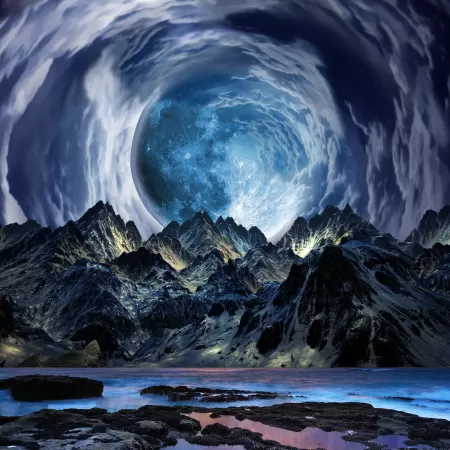 Moon, Mountains, Landscape, Portal, Surreal, Clouds