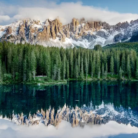 Karersee Lake, Dolomite mountains, Alps mountains, Landscape, Italy, Reflection, 5K
