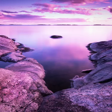 Sunset, Scenery, Rocks, Lake, Purple sky, Pink, 8K