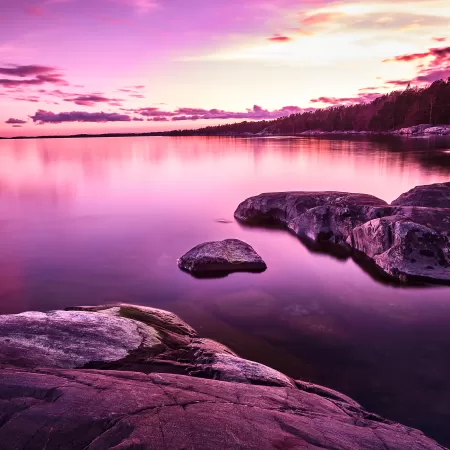 Sunset, Lake, Purple, Pink sky, Scenery, Body of Water, Rocks, 5K, 8K