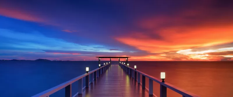 Wooden pier, Bridge, Sunset, Horizon, Resort, Dawn, Vacation, Holidays, Phuket, Thailand, 5K