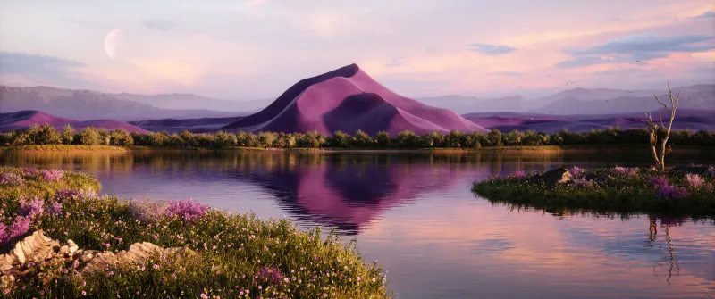 Majestic, Triple monitor wallpaper, Landscape, Ultrawide, Purple aesthetic, Vibrant, Lake, Mountain