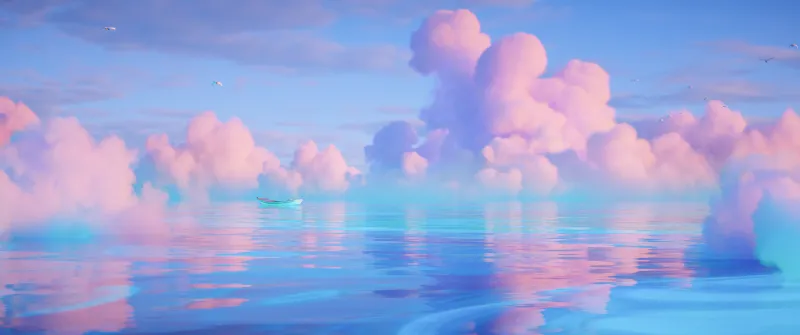 Ocean, Ultrawide, Boat, Surreal, Cloudy Sky, Blue aesthetic, Serene