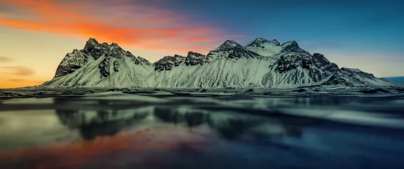 Snow mountains, Sunset, Landscape, Reflection, Lake, Glacier, Scenic, 5K