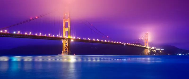 Golden Gate Bridge, San Francisco, California, Scenic, Pink sky, Blue, Body of Water, Pacific Ocean, Night lights, Reflection, Aesthetic, 5K