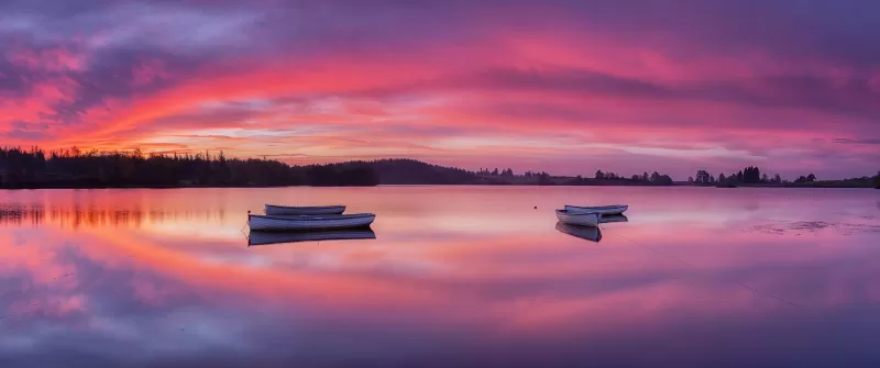 Loch Lomond, The Trossachs National Park, Mirror Lake, Sunrise, Boats, Body of Water, Landscape, Scenic, Purple sky, Long exposure, 5K