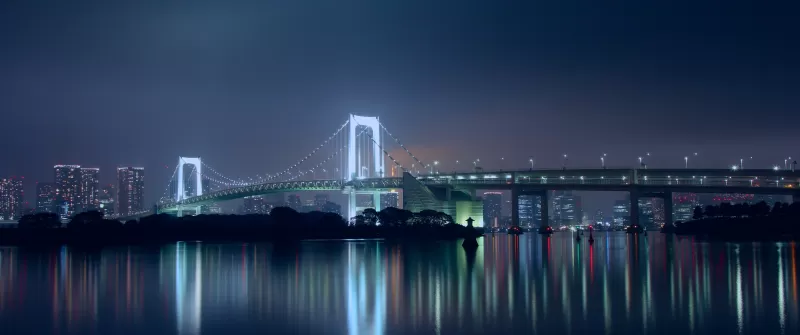 Rainbow Bridge, Tokyo, Japan, Suspension bridge, Waterfront, Silhouette, Cityscape, City lights, Night time, Skyscrapers, Reflection, 5K