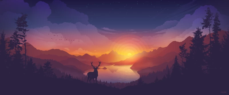 Lakeside, Evening, Deer, Minimal art, Landscape, Scenic, Panorama, Aesthetic, 5K, 8K