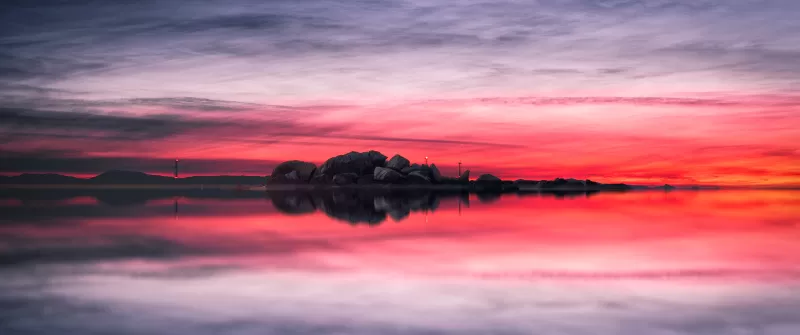 Sunset, Lake, Red Sky, Landscape, Scenery, Body of Water, Reflection, Evening, Cloudy Sky, Horizon, 5K, 8K