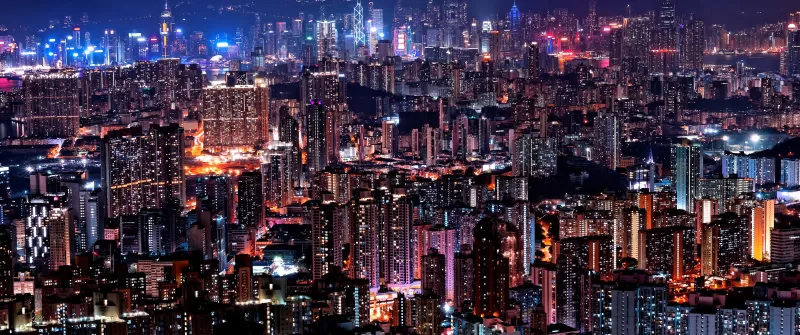 Hong Kong City Skyline, Cityscape, City lights, Night time, Skyscrapers, 5K