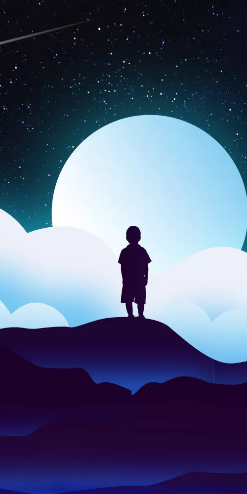Boy, Kid, Alone, Silhouette, Moon, Night, Clouds, Illustration, Starry sky, 5K