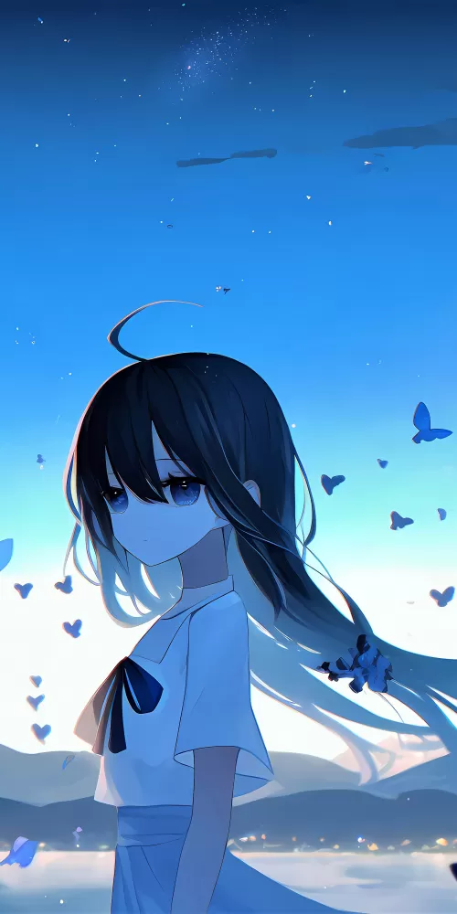 Sad girl, Anime girl, Mood, Butterflies, Surreal, Lonely, Blue background, 5K