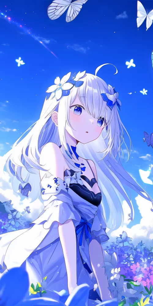 Anime girl, Butterflies, Blue background, Blue Sky, 5K