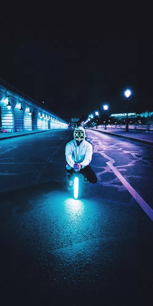 Man, LED mask, Lightsaber, Road, Tarmac, City lights, Night, Neon