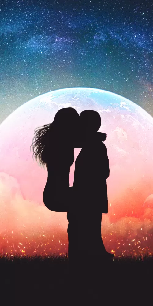 Couple, Romantic kiss, Silhouette, Moon, Lovers, Sunset
