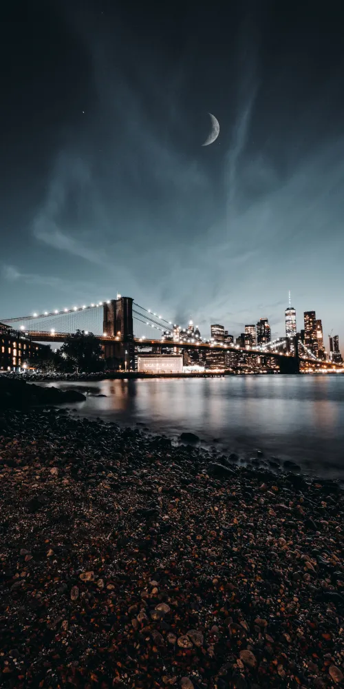 Brooklyn Bridge, New York City, Night City, City lights, USA, Reflection, Crescent Moon, Cityscape