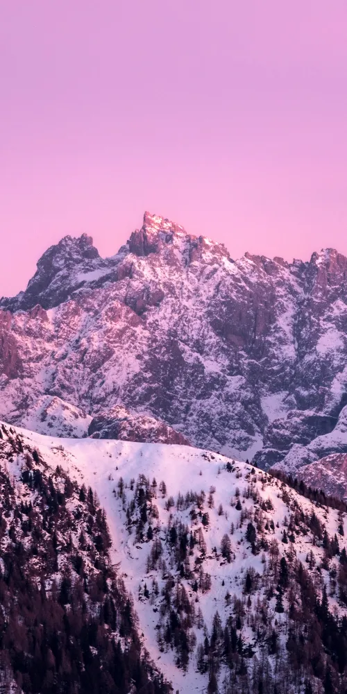 Mountain range, Italy, Pink sky, Winter, Sunrise, 5K
