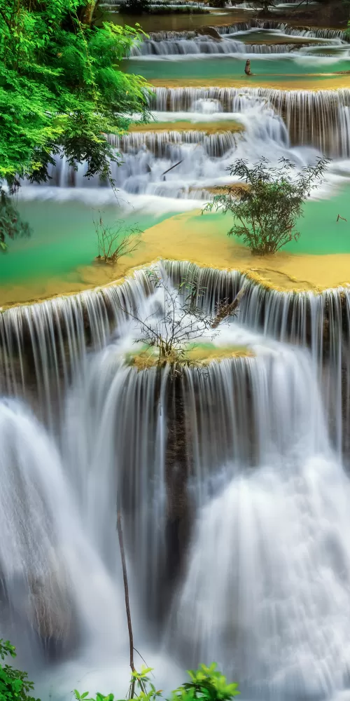 Huai Mae Khamin Waterfall, Tourist attraction, Rainforest, Spring, Thailand, 5K