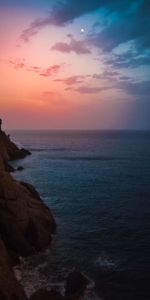 Sunset, Cliff, Seascape, Dawn, Moon, Seashore, Coastline, Red Sky