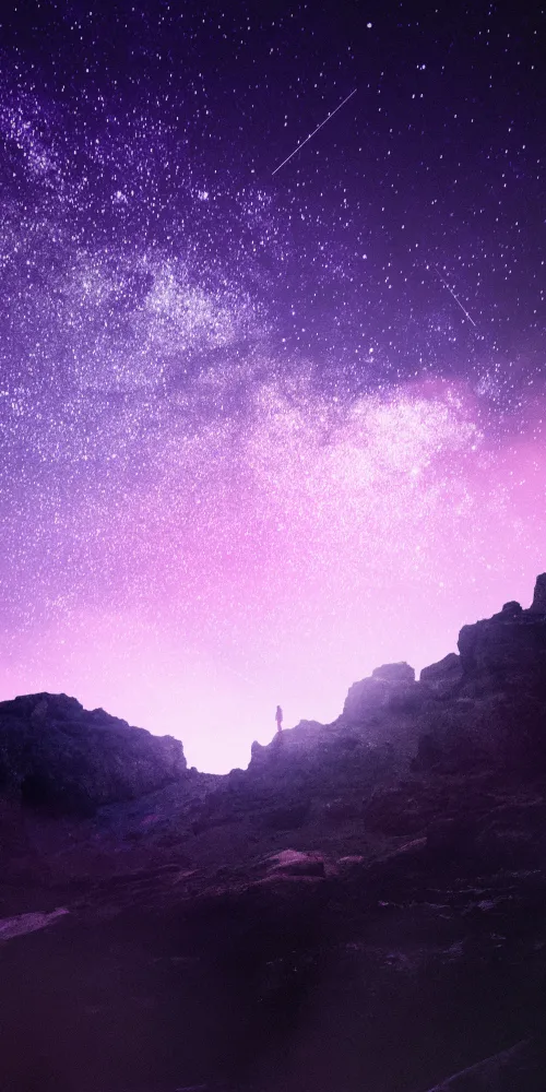 Purple night sky, Stars, Mountain landscape, Silhouette