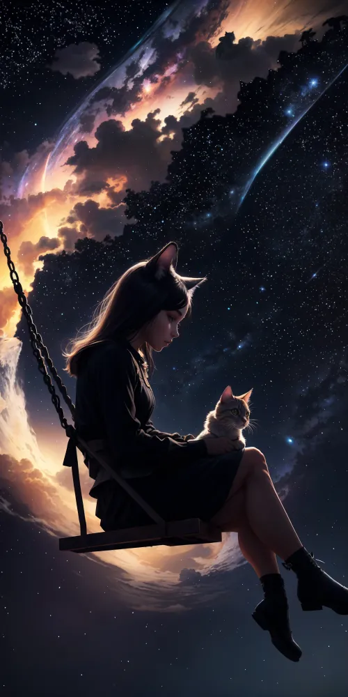 Cute Girl Kitten, Dream, Surreal, Night sky