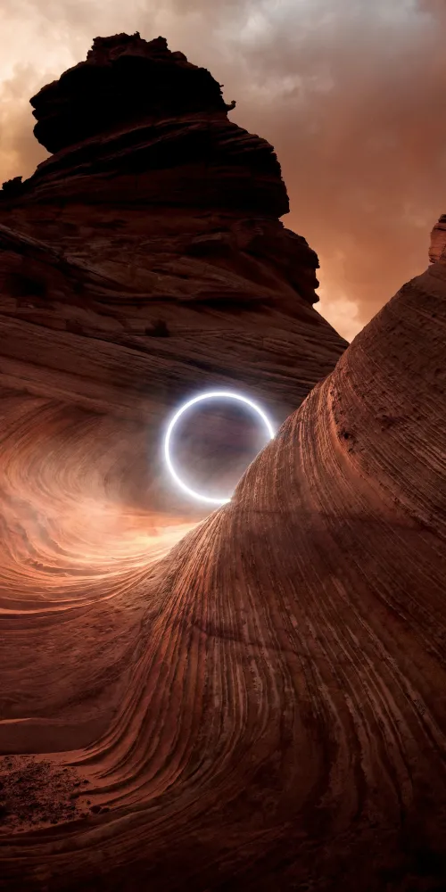 Circle light, Canyon, Illuminated, Sunset, Dusk, Rocks, 5K