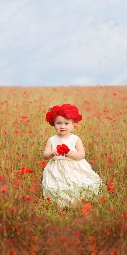 Cute Girl, Red flowers, Garden, White Dress, Cute eyes, 5K