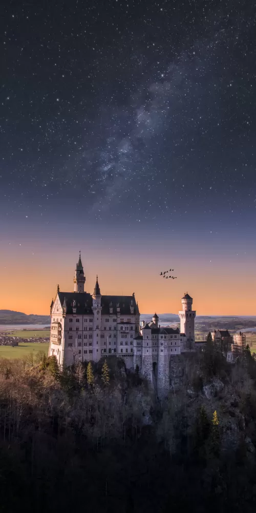 Neuschwanstein Castle, Germany, Landscape, Starry sky, Ancient architecture, Astronomy, Stars, Outer space, 5K