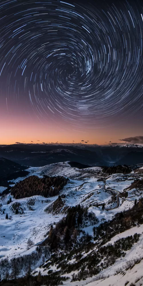 Dolomites, Italy, Mountain range, Snow covered, Mountains, Outer space, Galaxy, Astronomy, Star Trails, 5K