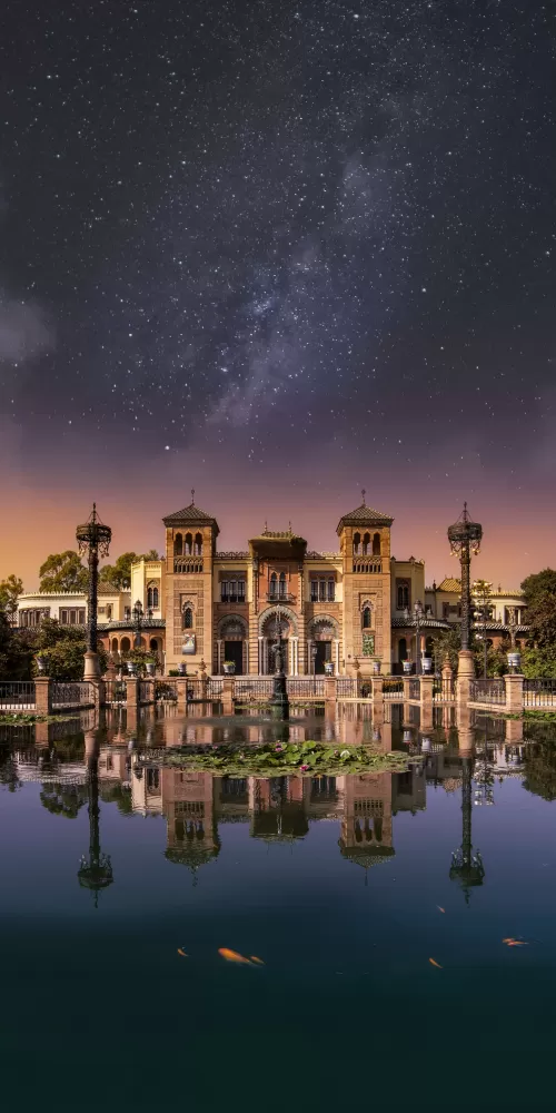 Castle, Water, Fountain, Reflection, Outer space, Milky Way, Stars, Pond, Sunset, 5K