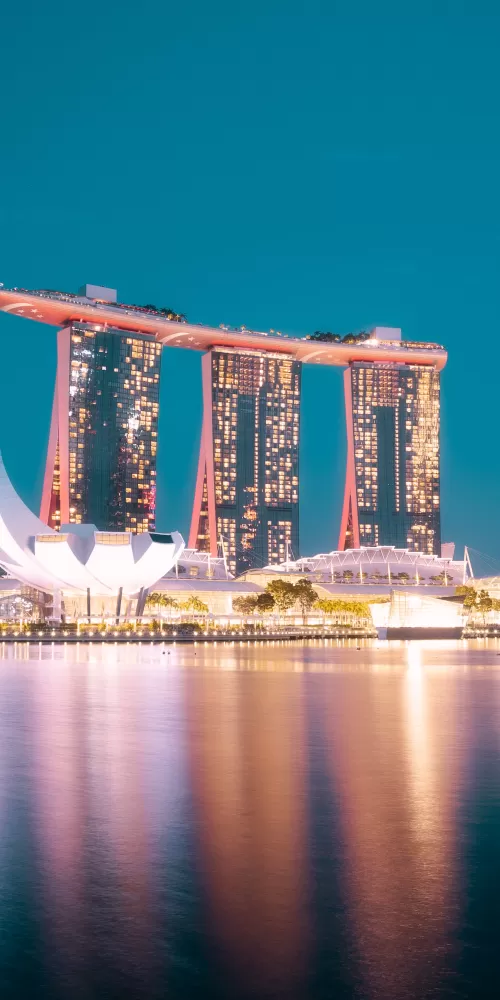 Marina Bay Sands, Hotel, Singapore, Blue hour, Night life, City lights, Body of Water, Reflection, Modern architecture, Cityscape, Blue Sky, 5K