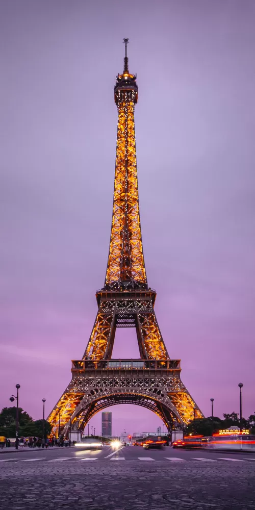 Eiffel Tower, Paris, France, Evening, Purple sky, Lights, Iconic, Aesthetic
