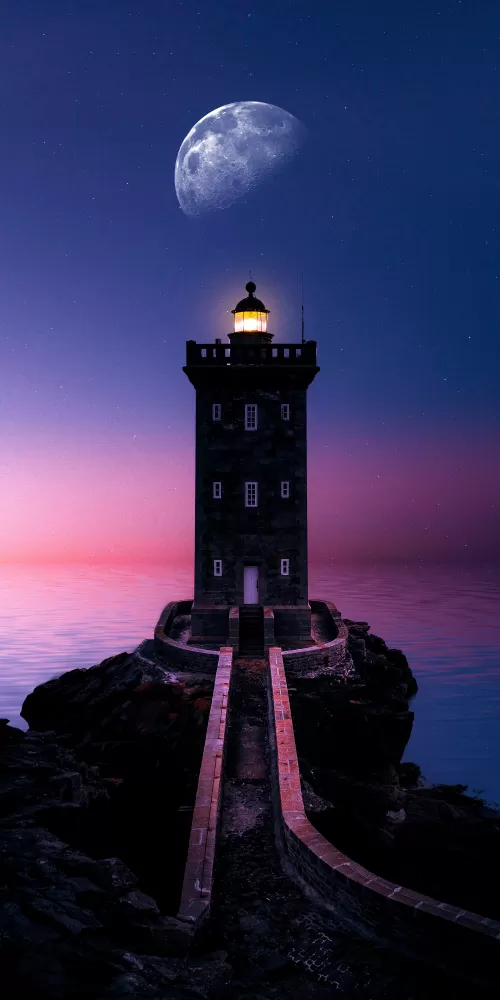 Lighthouse, Moon, Sunset, Evening