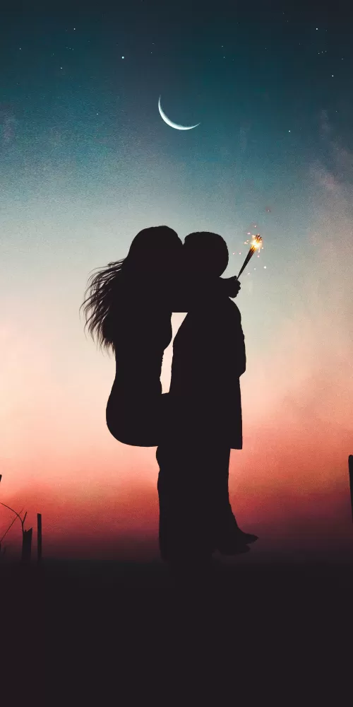 Couple, Romantic kiss, Silhouette, Sunset, Pair, Together, Romance, First kiss, Sparklers, Crescent Moon, Backlit
