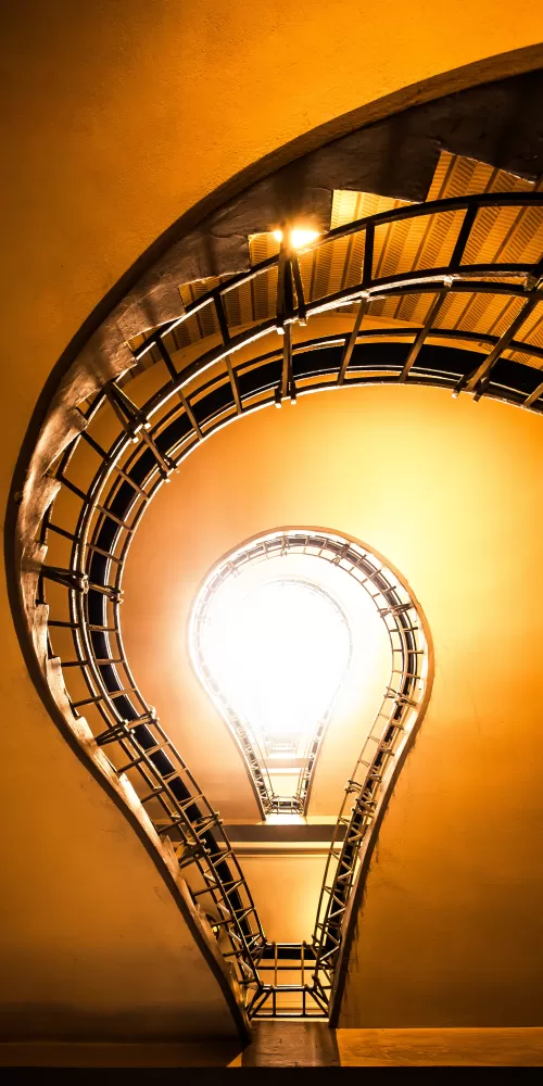 Staircase, Bulb illustration, Steps, Look up, Indoor, Sun light, 5K