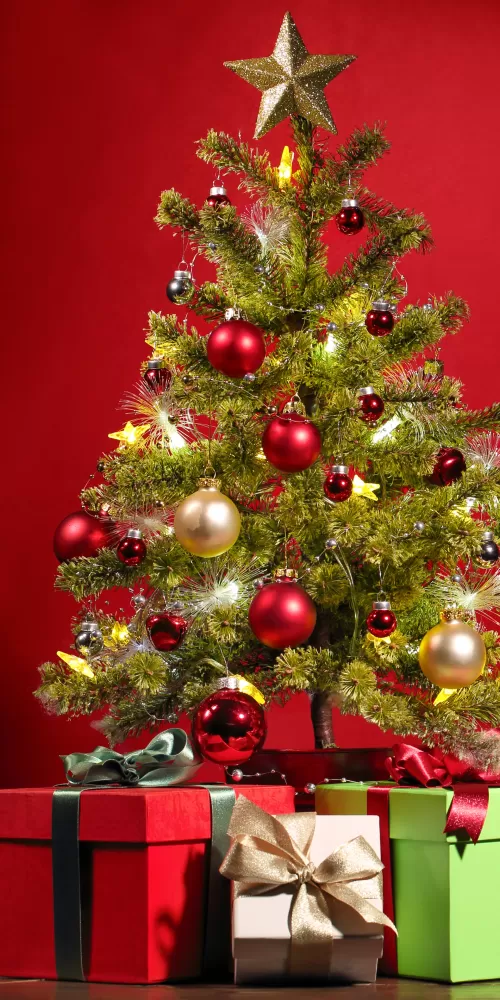 Christmas tree, Christmas decoration, Gifts, Christmas balls, Red background, 5K